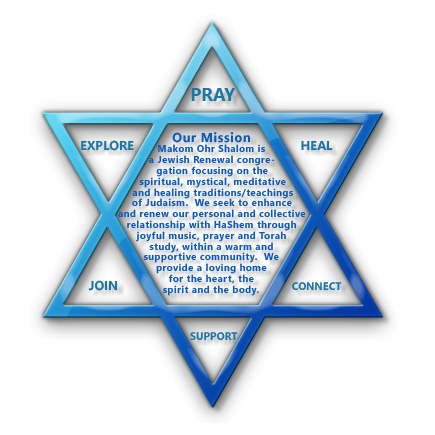 Our Mission:  Makom Ohr Shalom is a Jewish Renewal congregation focusing on the spiritual, mystical, meditative and healing traditions/teachings of Judaism.  We seek to enhance and renew our personal and collective relationship with HaShem through joyful 